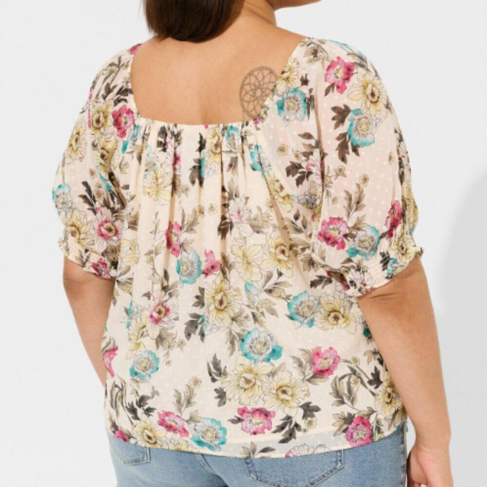 Torrid Chiffon Clip Dot Blouson Short Sleeve Top -Tan floral-torrid 4 (26) NWT - Picture 3 of 10